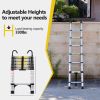 Telescopic ladder, 9.5 foot aluminum button telescopic ladder with 2 triangular stabilizers and hooks, multi-purpose ladder
