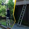 Telescopic ladder, 9.5 foot aluminum button telescopic ladder with 2 triangular stabilizers and hooks, multi-purpose ladder